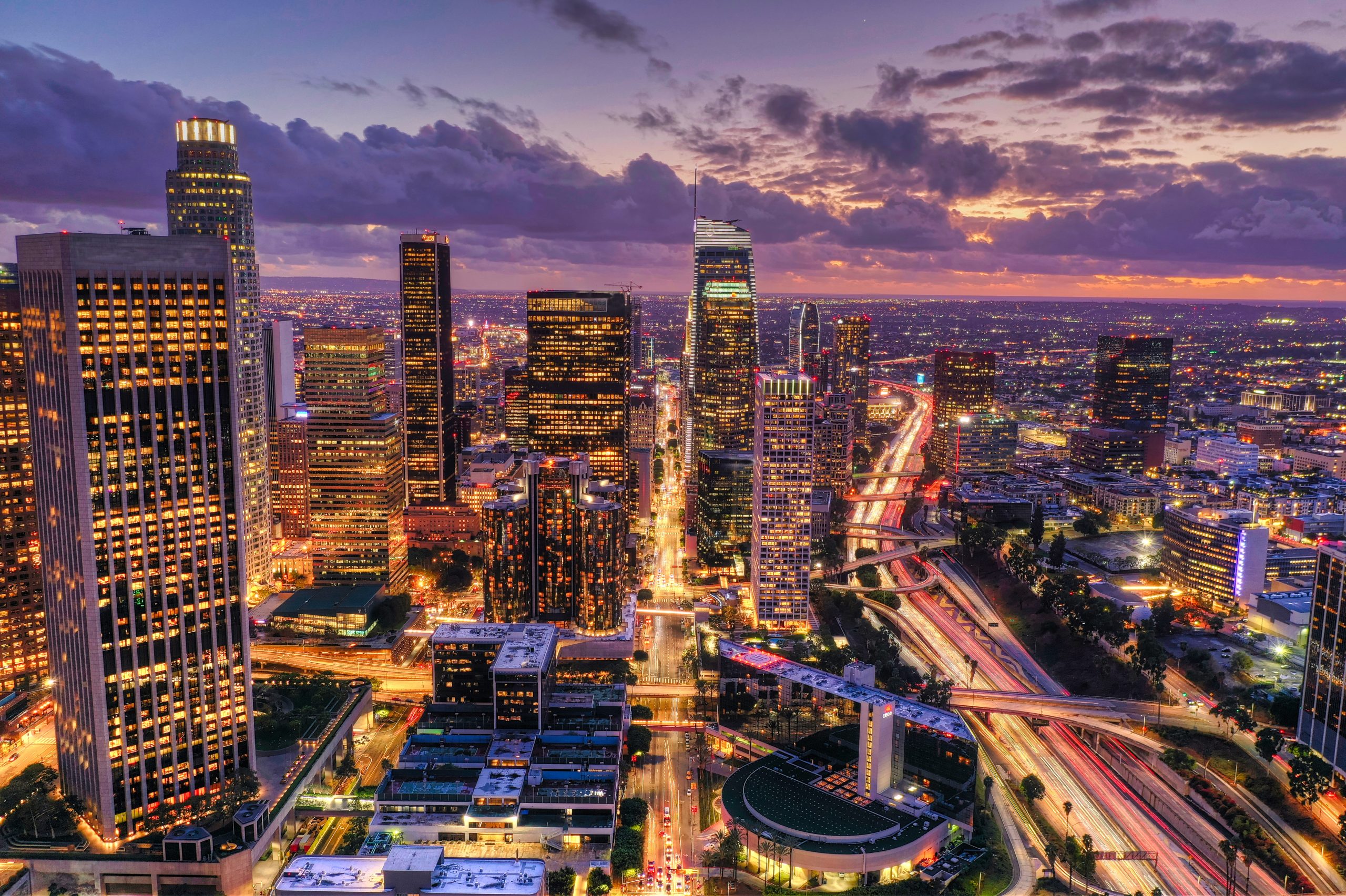 An aerial shot of downtown Los Angeles at night